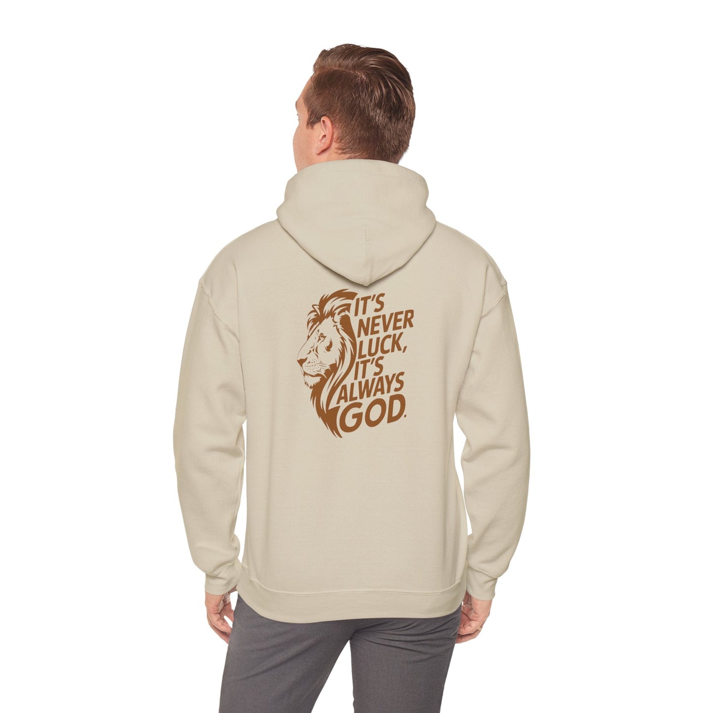It's Never Luck Faith-Inspired White Hooded Sweatshirt - "It's Never Luck, It's Always God"