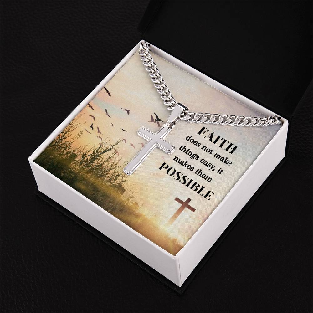 Faith Makes Thinks Possible Personalized Steel Cross Necklace on Cuban Chain