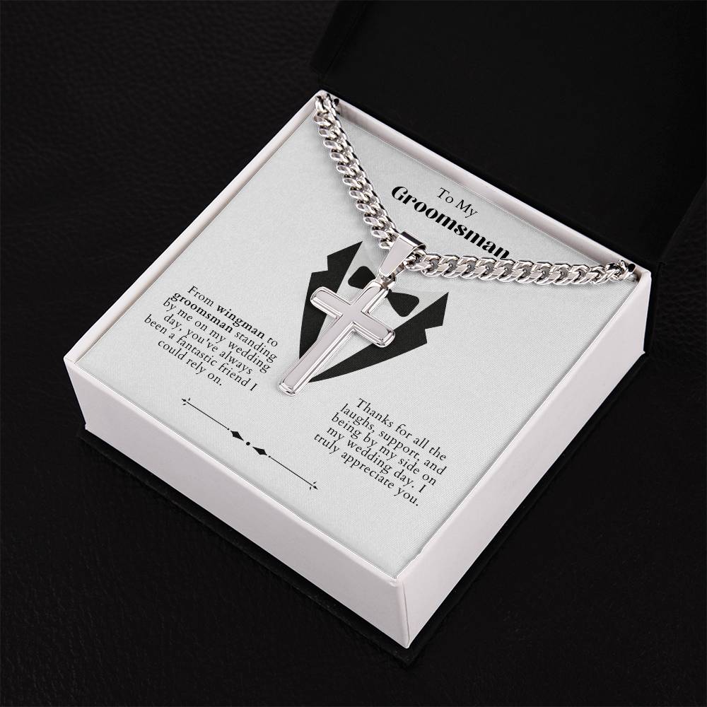 Groomsman Personalized Steel Cross Necklace on Cuban Chain