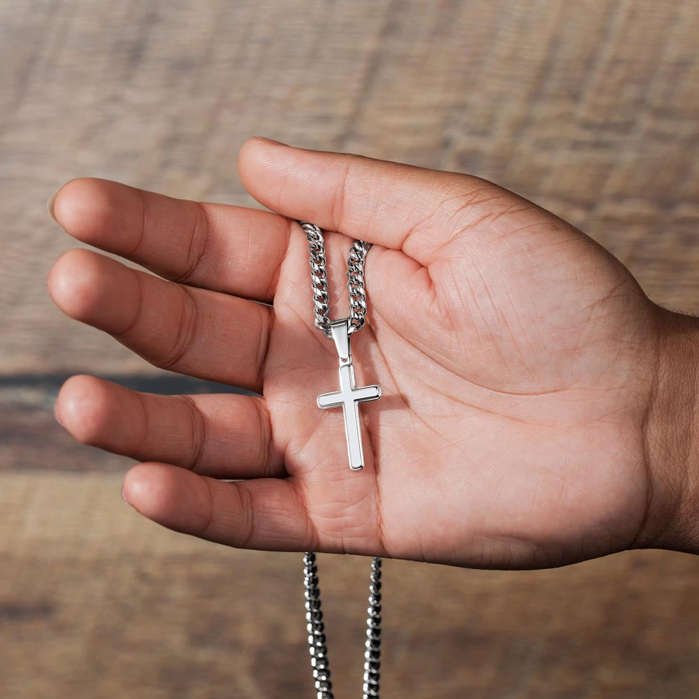 Faith Makes Thinks Possible Personalized Steel Cross Necklace on Cuban Chain