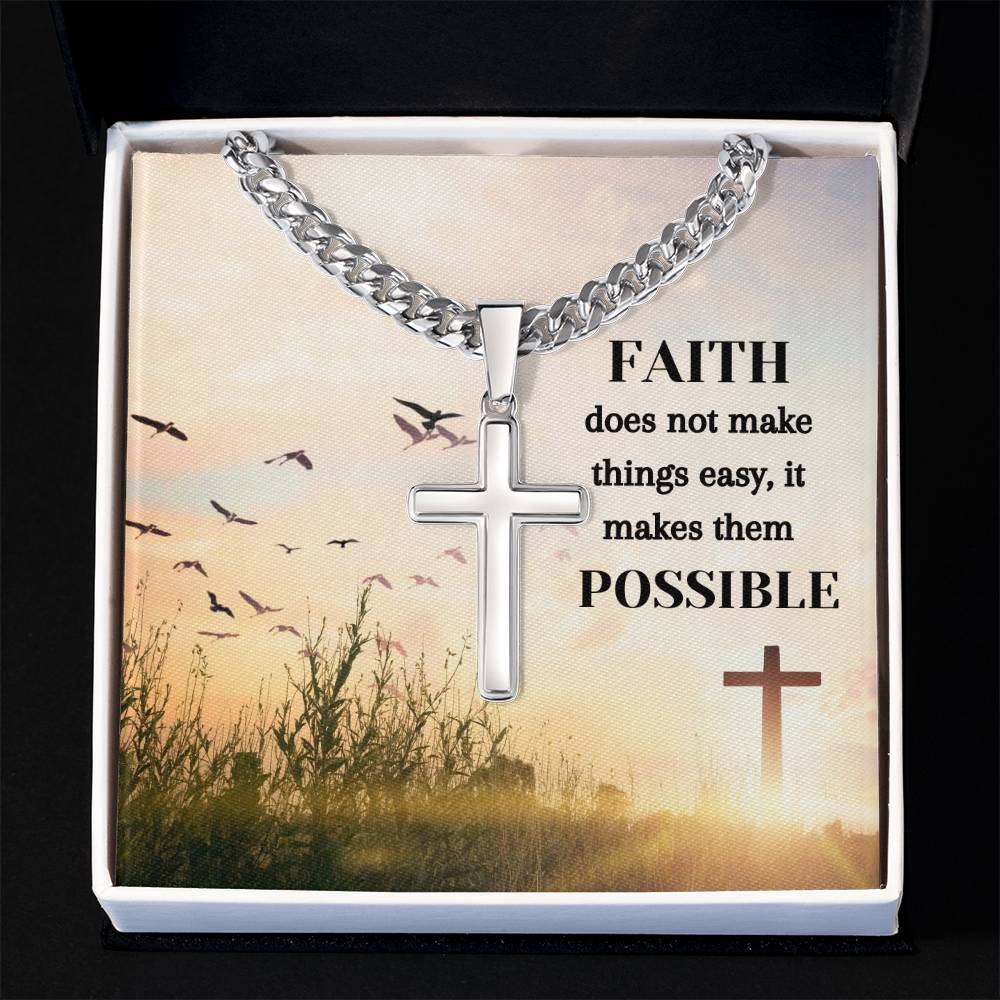 Faith Makes Thinks Possible Personalized Steel Cross Necklace on Cuban Chain