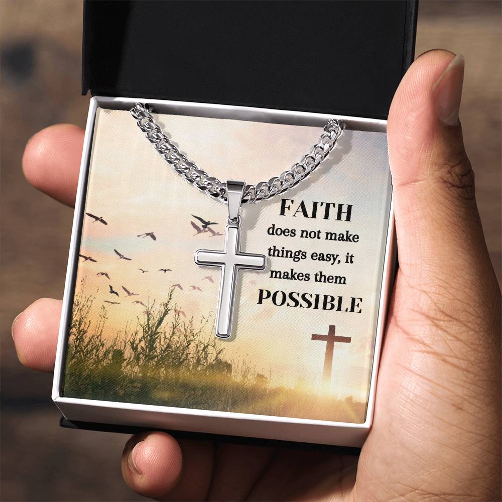 Faith Makes Thinks Possible Personalized Steel Cross Necklace on Cuban Chain
