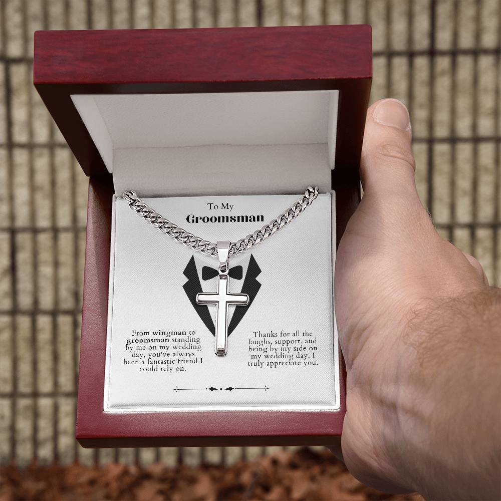 Groomsman Personalized Steel Cross Necklace on Cuban Chain