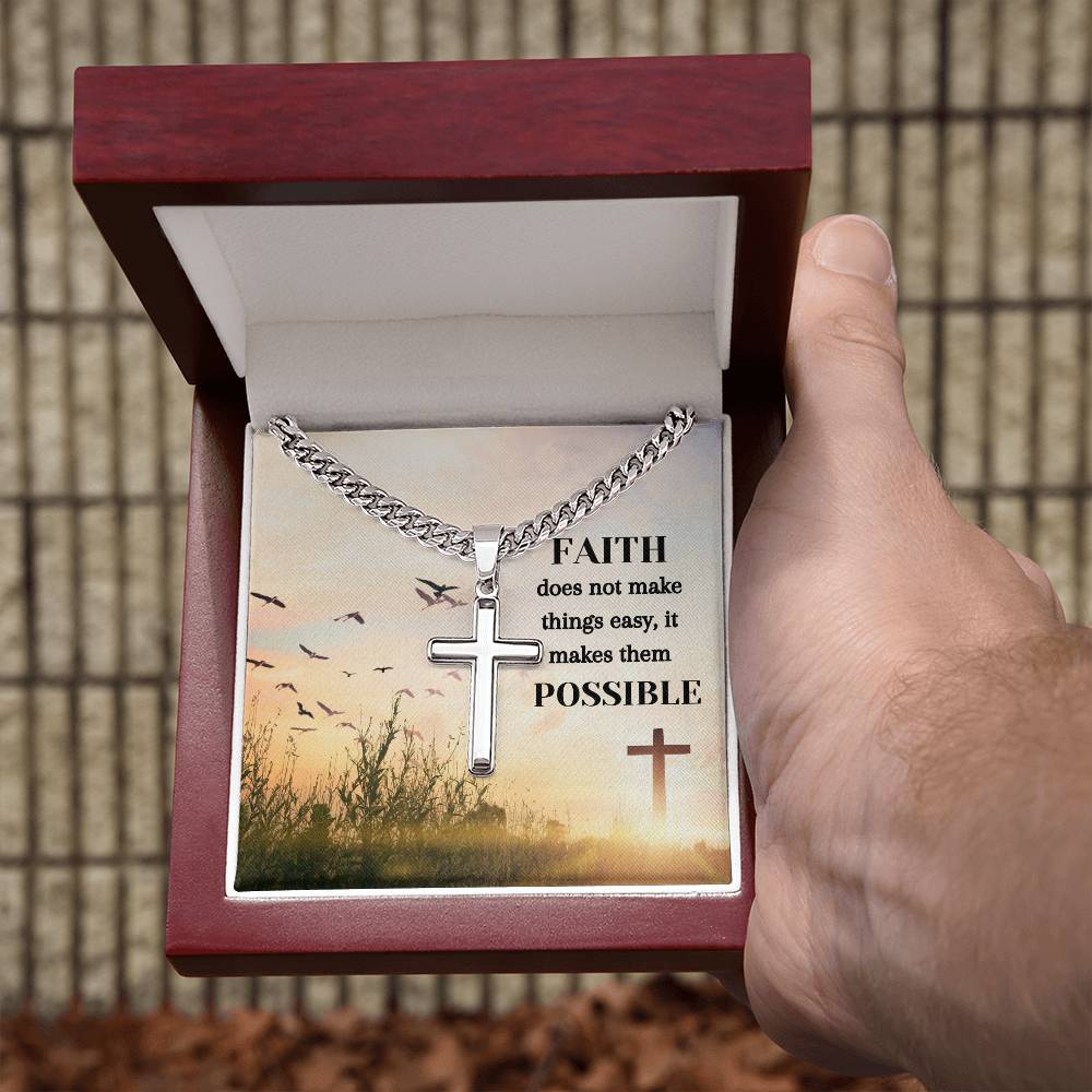 Faith Makes Thinks Possible Personalized Steel Cross Necklace on Cuban Chain