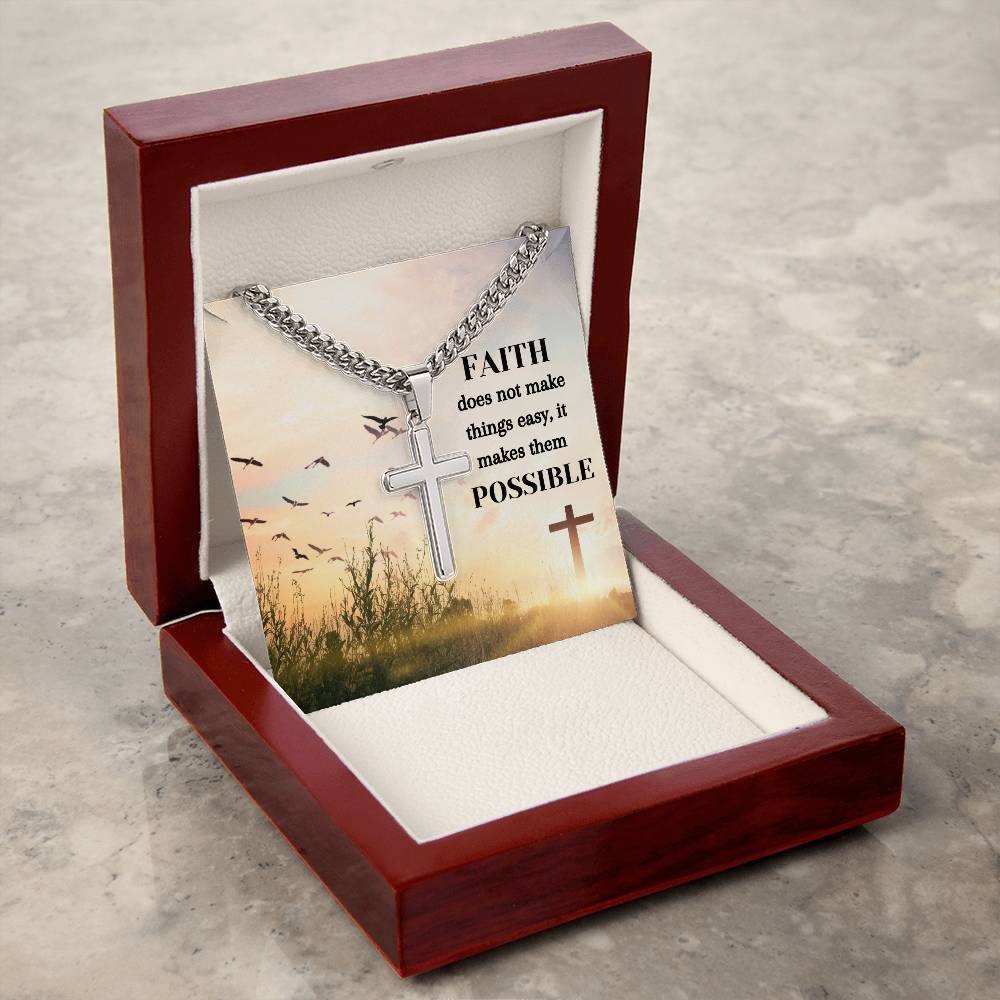 Faith Makes Thinks Possible Personalized Steel Cross Necklace on Cuban Chain