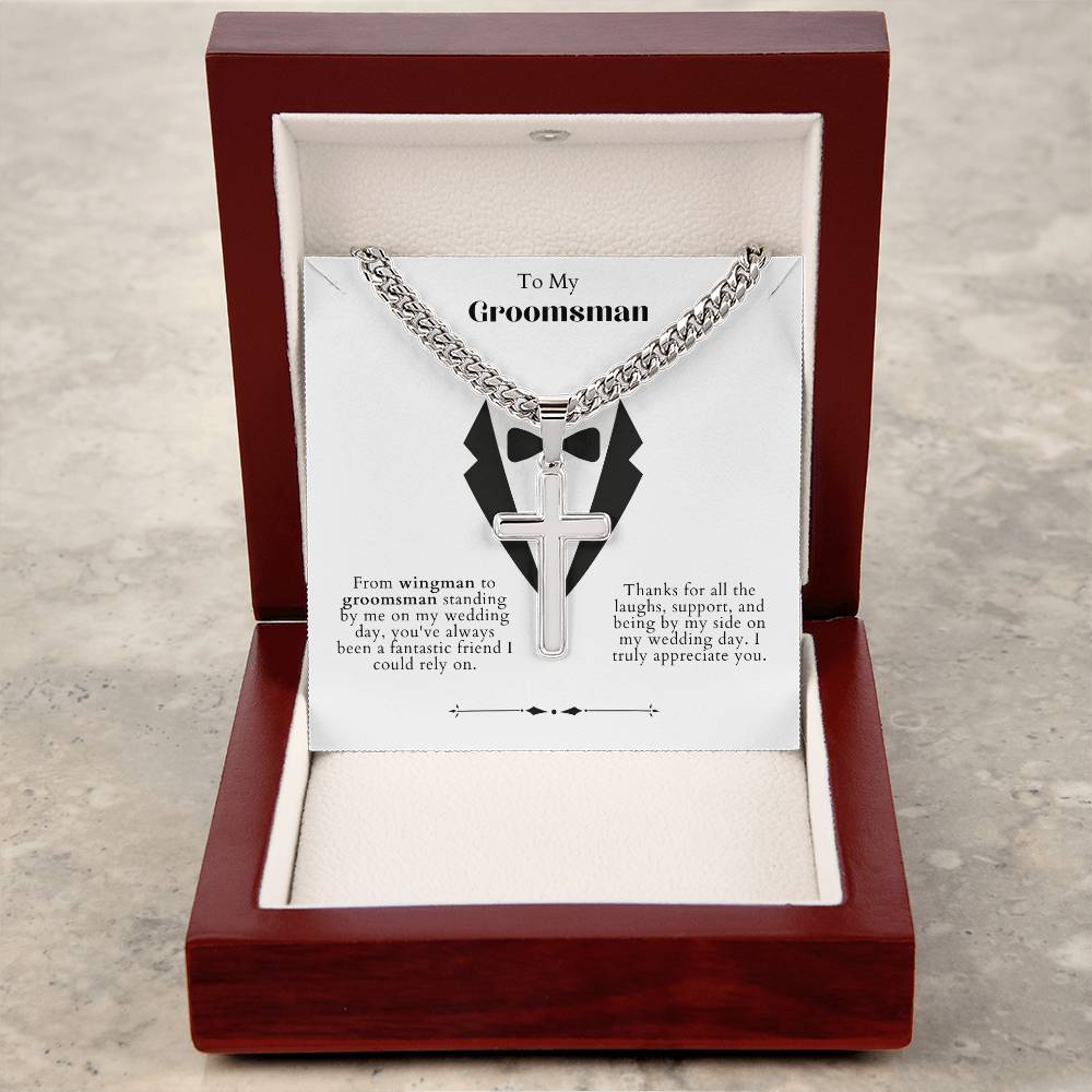 Groomsman Personalized Steel Cross Necklace on Cuban Chain