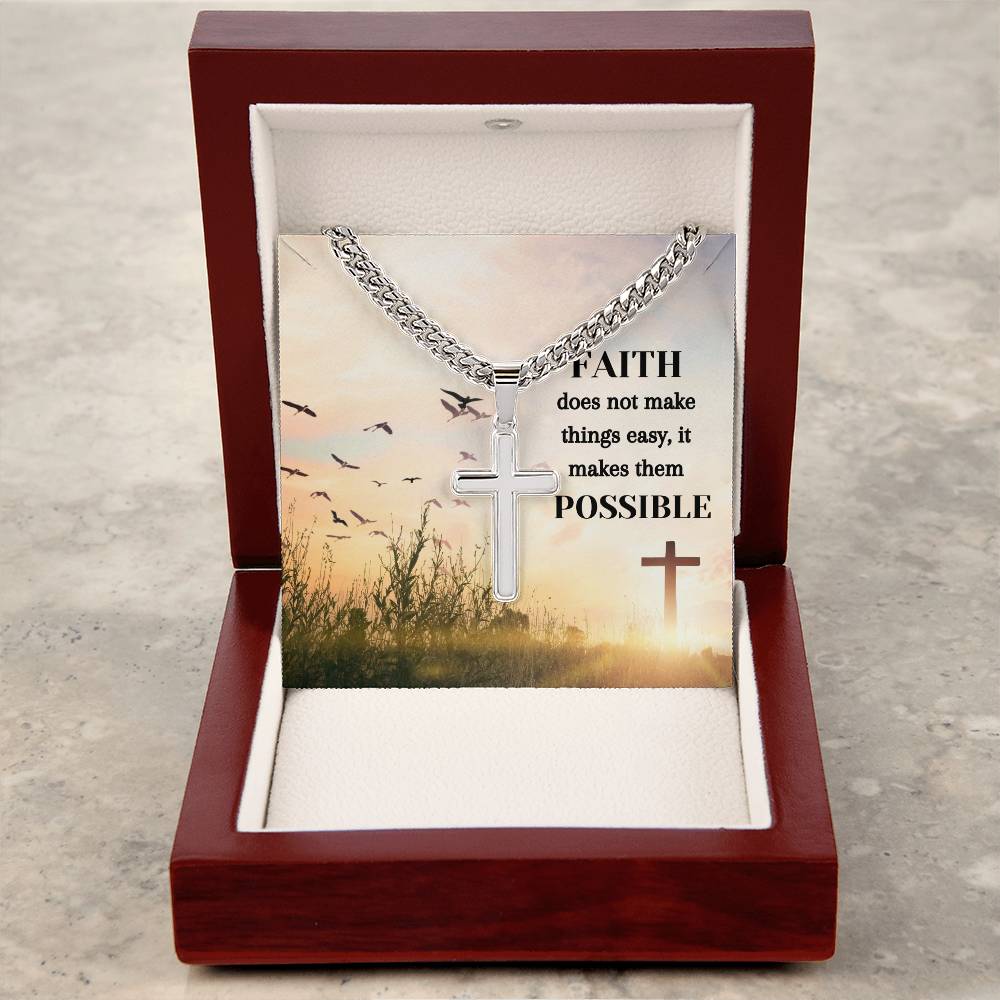 Faith Makes Thinks Possible Personalized Steel Cross Necklace on Cuban Chain