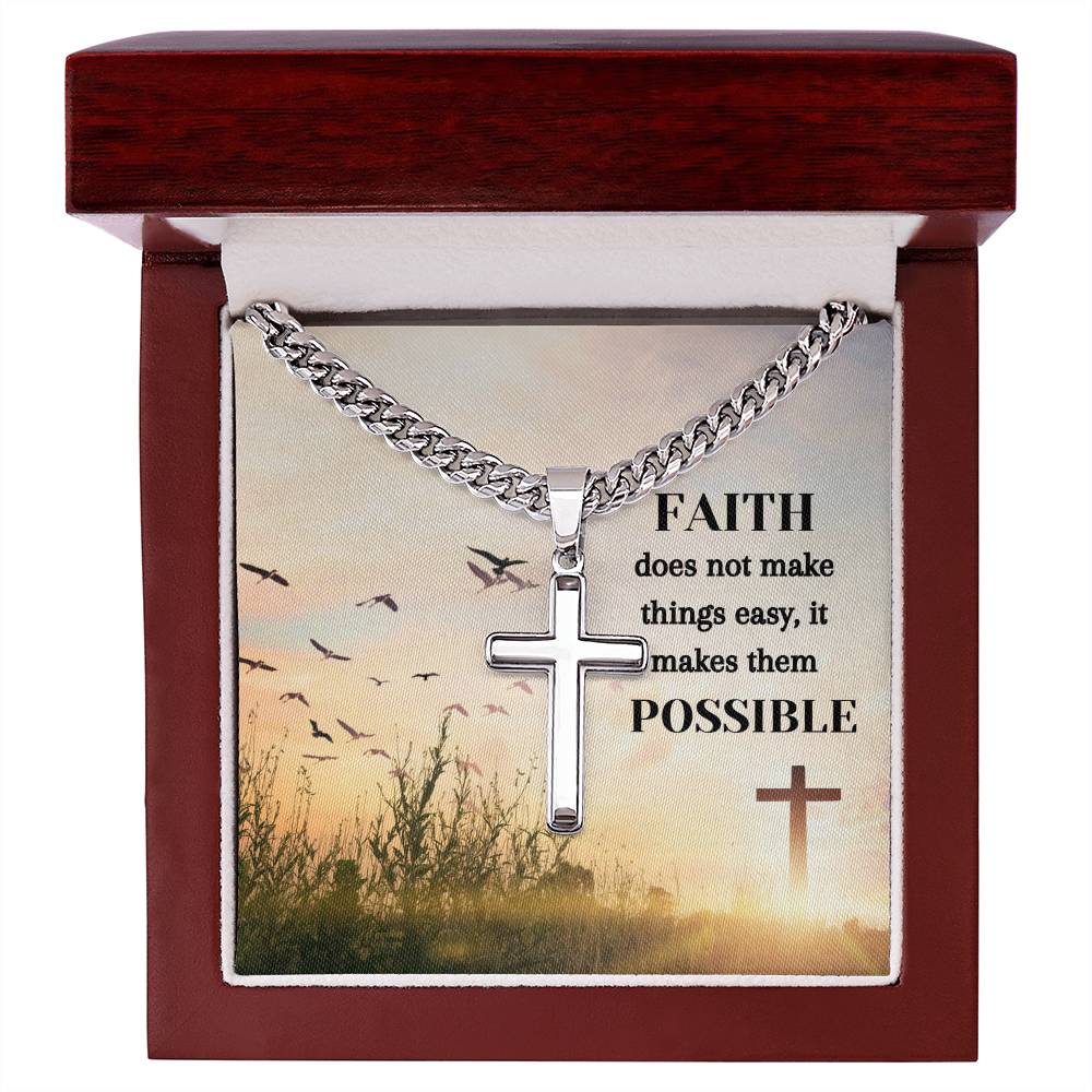 Faith Makes Thinks Possible Personalized Steel Cross Necklace on Cuban Chain