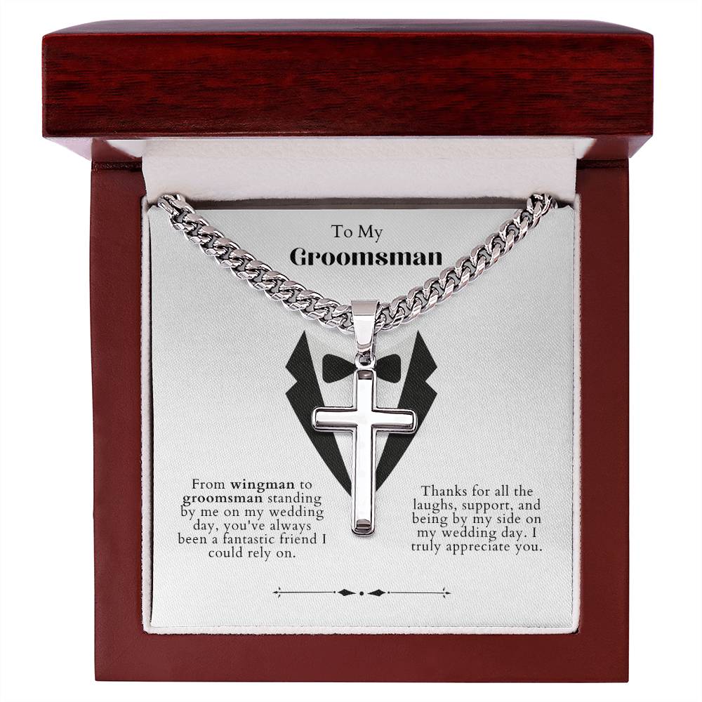 Groomsman Personalized Steel Cross Necklace on Cuban Chain