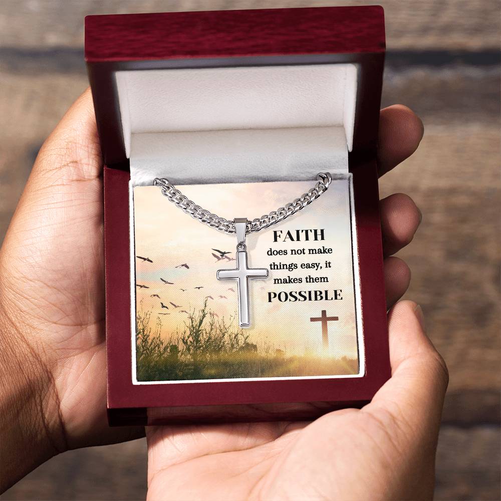 Faith Makes Thinks Possible Personalized Steel Cross Necklace on Cuban Chain