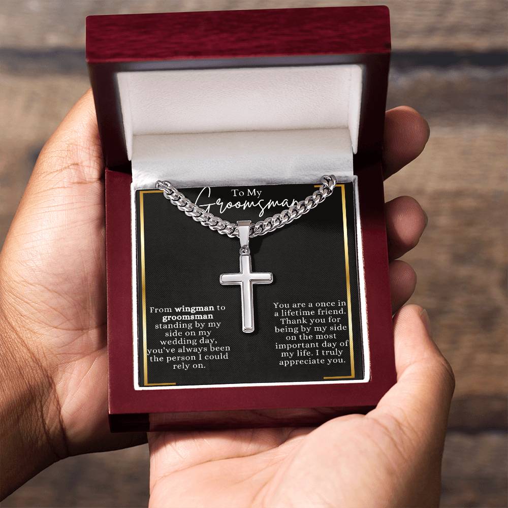 Artisan Cross Necklace on Cuban Chain For Groomsman
