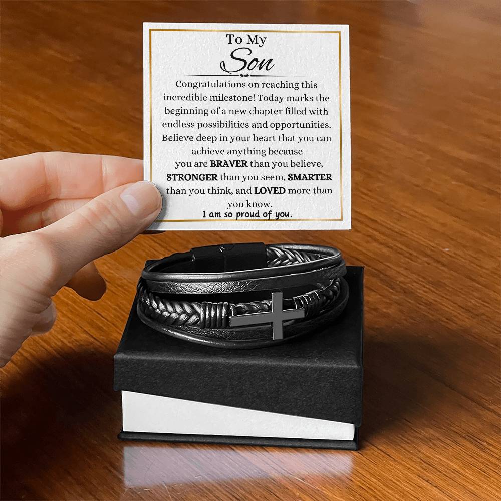 To My Son On Graduation Day Men's Cross Bracelet