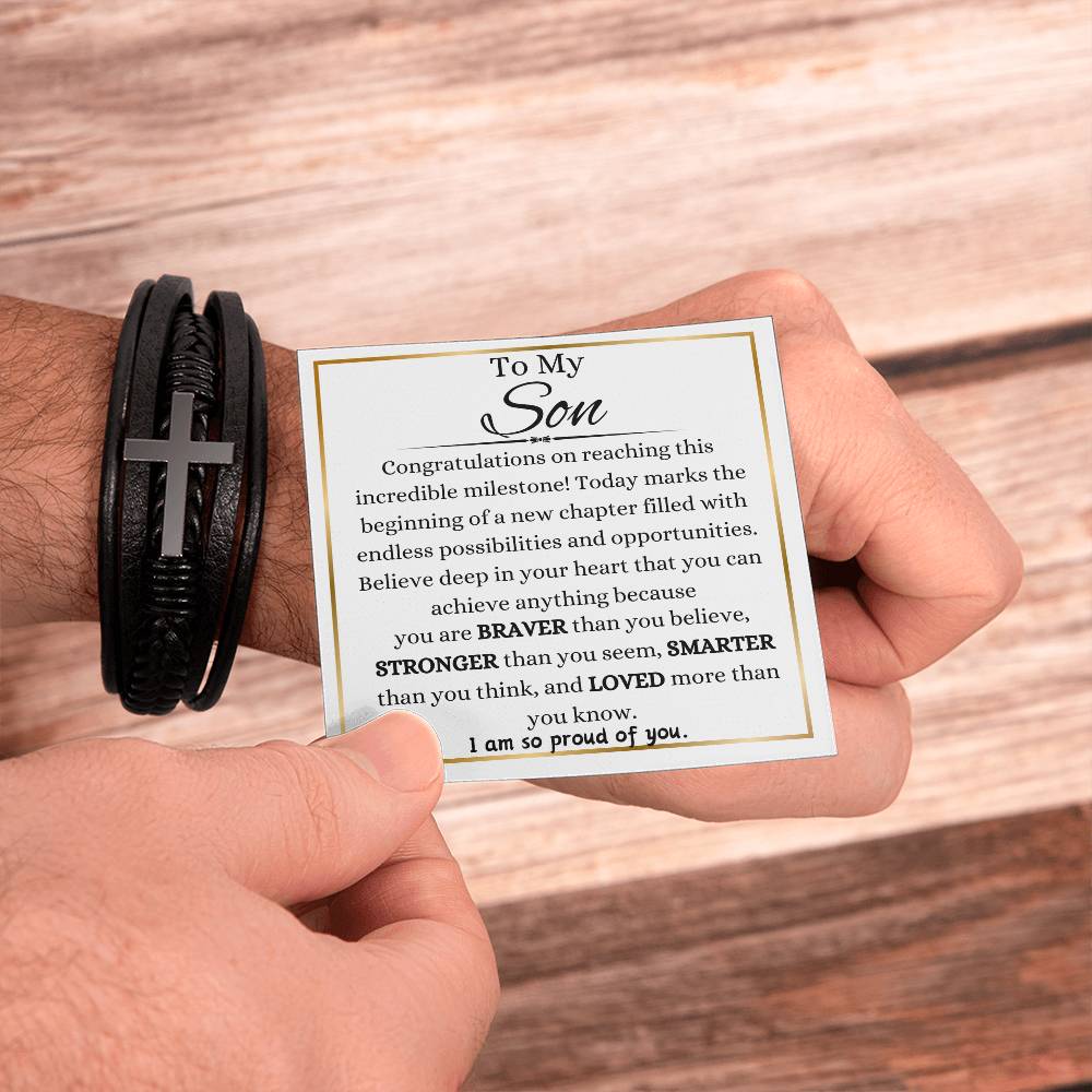 To My Son On Graduation Day Men's Cross Bracelet