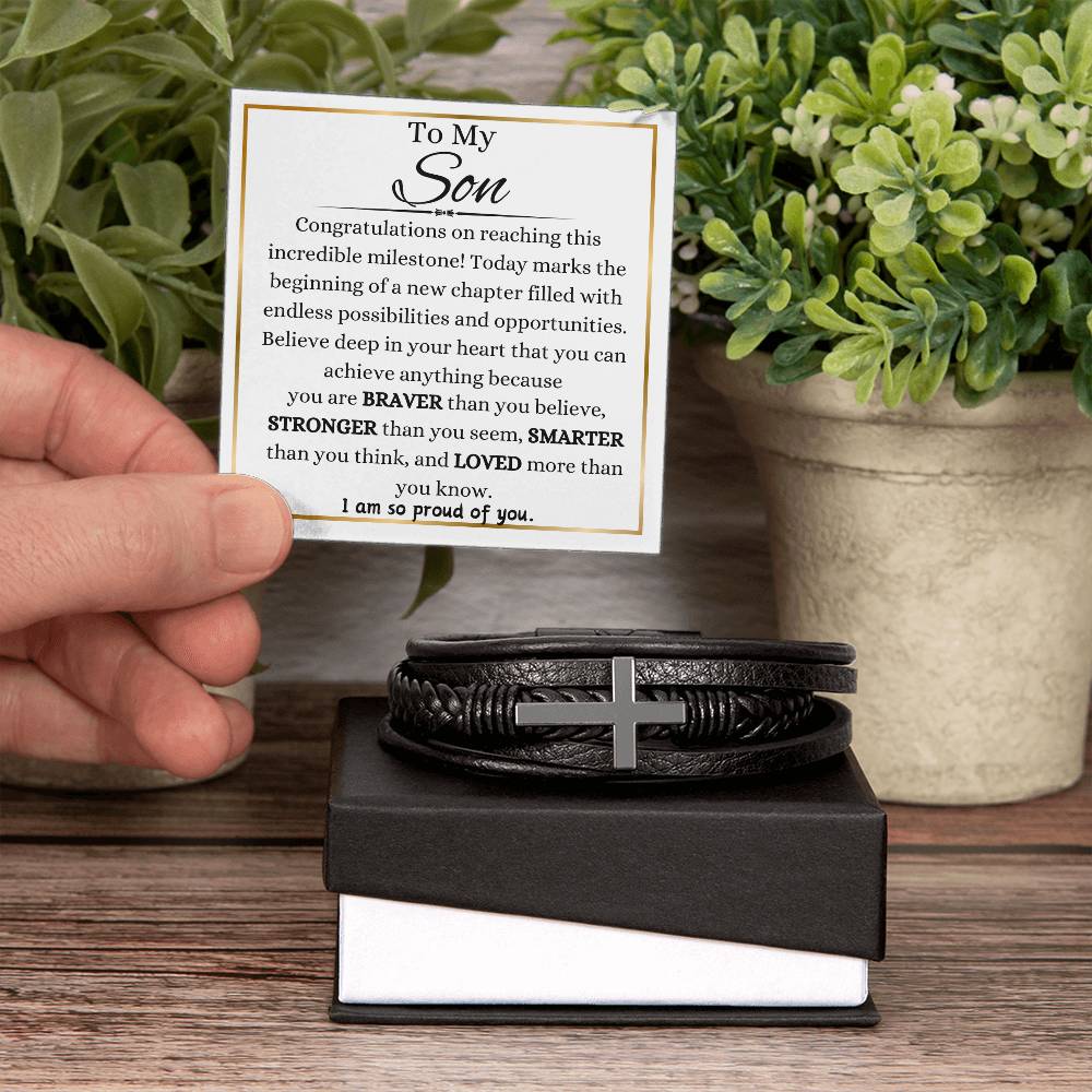 To My Son On Graduation Day Men's Cross Bracelet