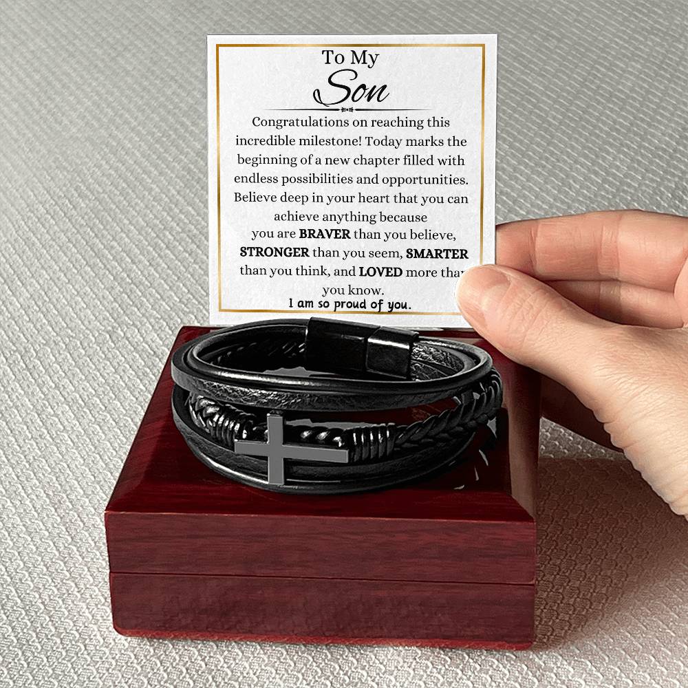 To My Son On Graduation Day Men's Cross Bracelet
