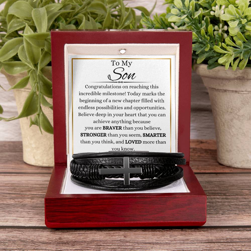 To My Son On Graduation Day Men's Cross Bracelet