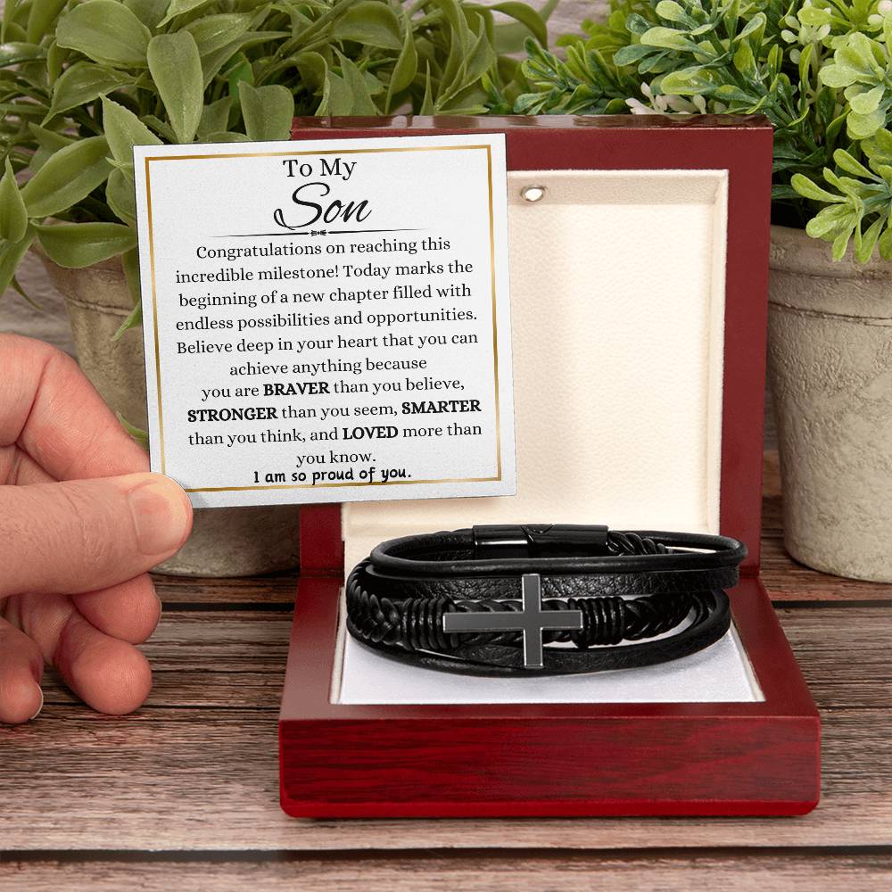 To My Son On Graduation Day Men's Cross Bracelet