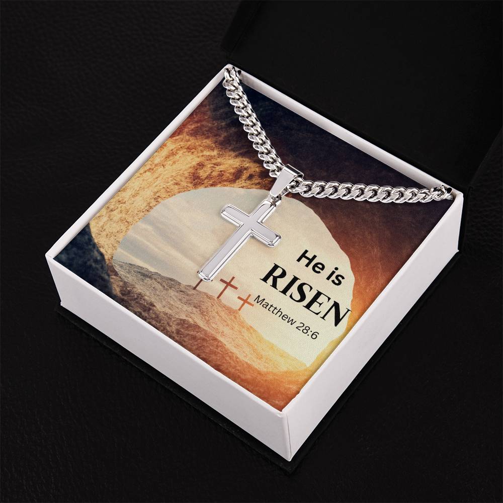 Personalized Steel Cross Necklace He's Risen on Cuban Chain