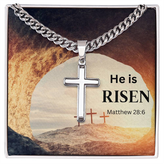 Personalized Steel Cross Necklace He's Risen on Cuban Chain