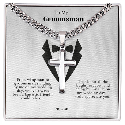 Groomsman Personalized Steel Cross Necklace on Cuban Chain