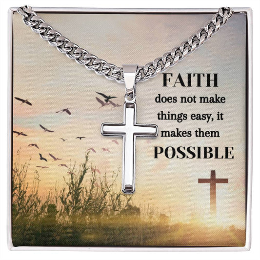 Faith Makes Thinks Possible Personalized Steel Cross Necklace on Cuban Chain