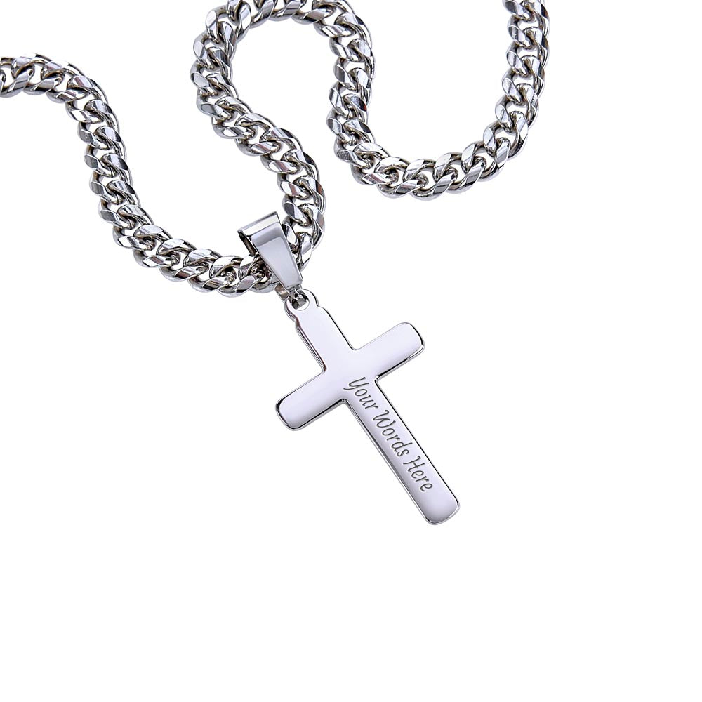 Groomsman Personalized Steel Cross Necklace on Cuban Chain
