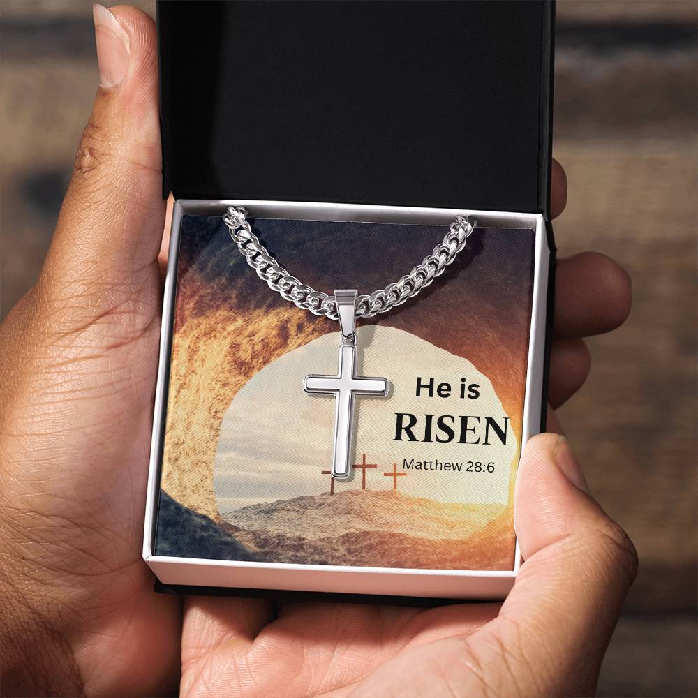 Personalized Steel Cross Necklace He's Risen on Cuban Chain