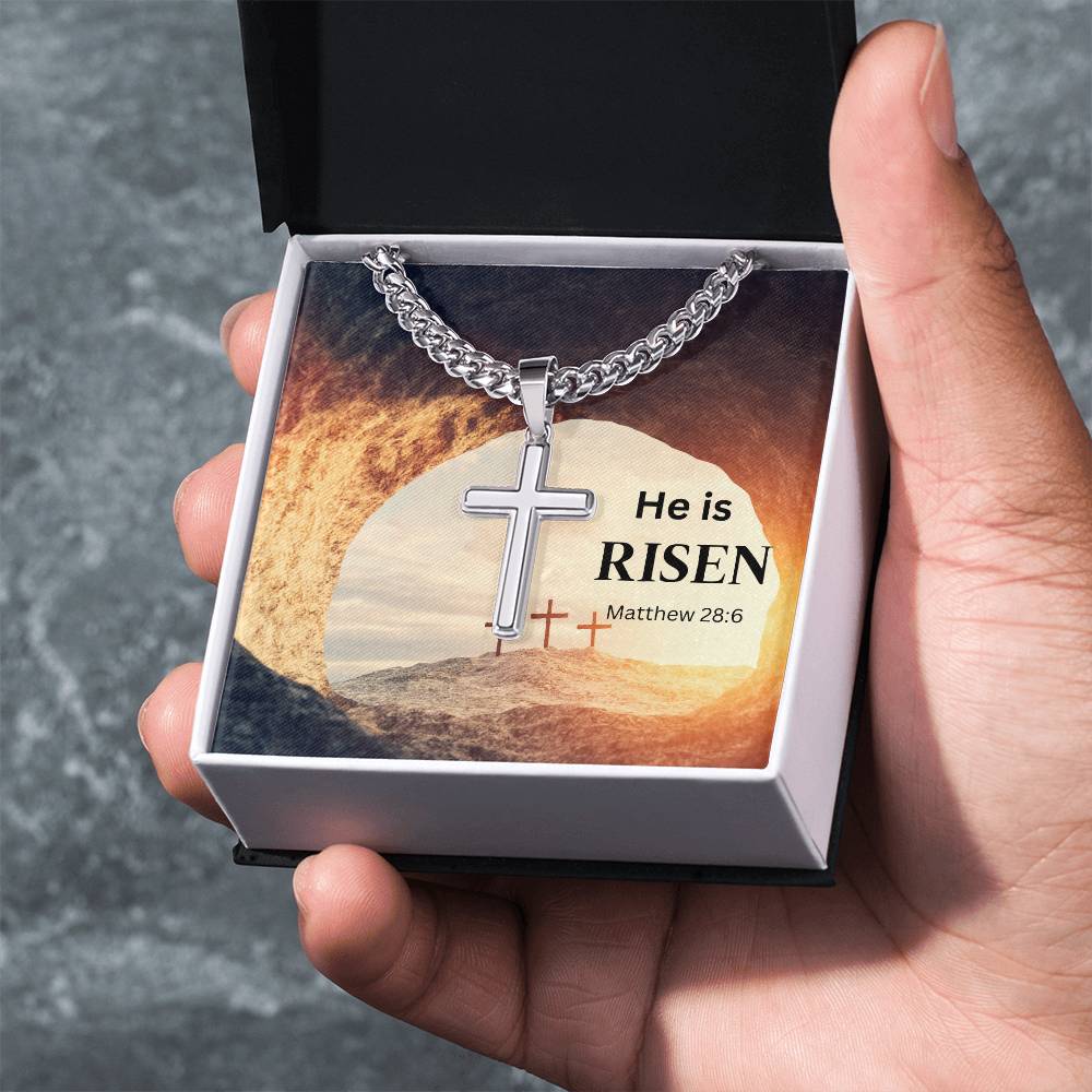 Personalized Steel Cross Necklace He's Risen on Cuban Chain