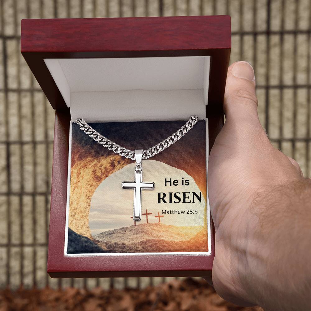 Personalized Steel Cross Necklace He's Risen on Cuban Chain