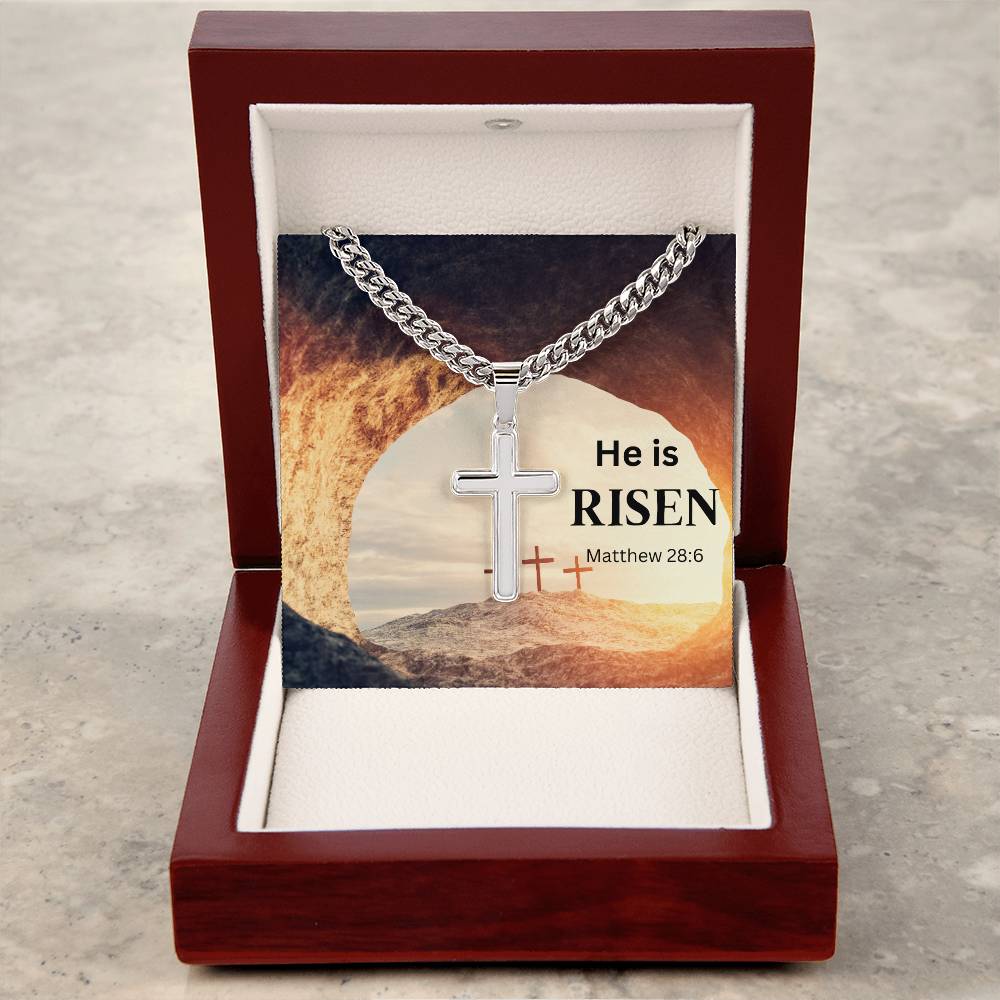 Personalized Steel Cross Necklace He's Risen on Cuban Chain