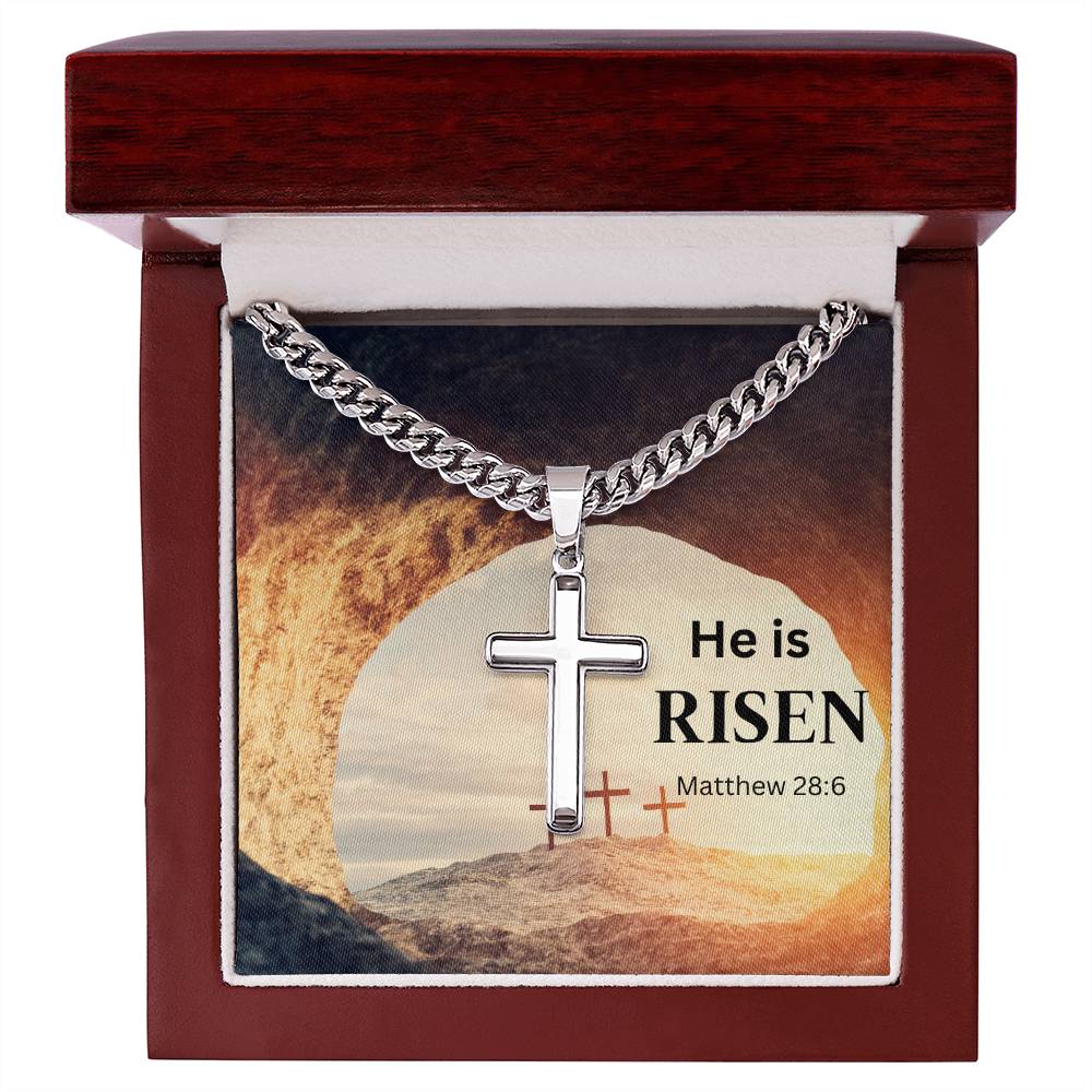 Personalized Steel Cross Necklace He's Risen on Cuban Chain