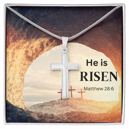 He Is Risen Stainless Cross Necklace